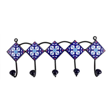 Navy Blue White Floral Tiles Hooks
